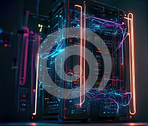 Hi-tech data storage server rack, neon computing design. AI generated