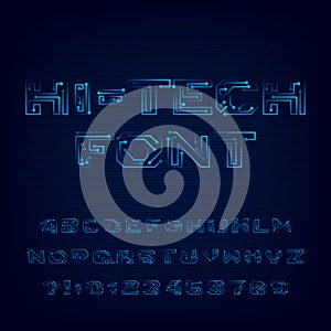 Hi-Tech font alphabet. Digital high tech style letters and numbers.