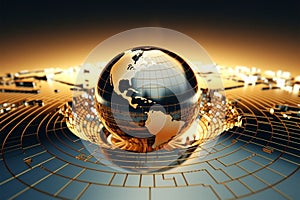 Hi tech golden metal background shapes a 3D world global business