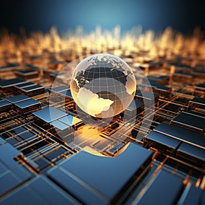 Hi tech golden metal background shapes a 3D world global business