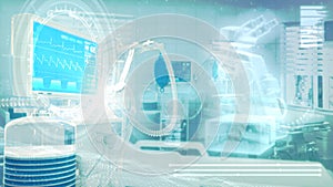 hi-tech hospital room with overlays and scientific microscope . creative abstract 3D rendering