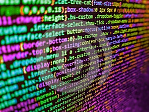 Hi-tech modern screen of data, digits and chars on monitor. Modern application Source abstract algorithm concept. Software