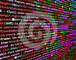 Hi-tech modern screen of data, digits and chars on monitor. Coding application by programmer developer. Writing programming code