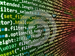 Hi-tech modern screen of data, digits and chars on monitor display. Abstract source code background. Photo of computer digital