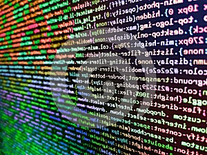 Hi-tech modern screen of data, digits and chars on monitor. Programming code abstract background screen of software. Digital