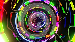 Hi-tech neon sci-fi tunel. Trendy neon glow lines form pattern and construction in mirror tunnel. Fly through technology