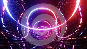 Hi-tech neon sci-fi tunel. Trendy neon glow lines form pattern and construction in mirror tunnel. Sci-fi pattern with