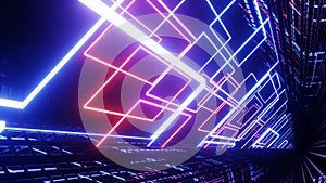 Hi-tech neon sci-fi tunel. Trendy neon glow lines form pattern and construction in mirror tunnel. Sci-fi pattern with