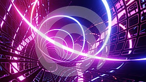 Hi-tech neon sci-fi tunel. Trendy neon glow lines form pattern and construction in mirror tunnel. Sci-fi pattern with