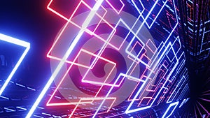 Hi-tech neon sci-fi tunel. Trendy neon glow lines form pattern and construction in mirror tunnel. Sci-fi pattern with