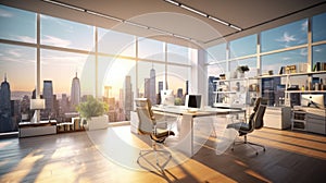 Hi-tech open space office with floor-to-ceiling windows and city view. Wooden floor, large tables, comfortable chairs