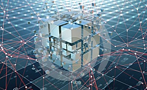 Hi-tech Square blocks are collected in a cubic array against the background of information fields