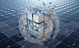 Hi-tech Square blocks are collected in a cubic array against the background of information fields
