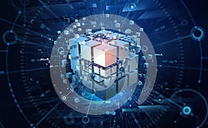 Hi-tech Square blocks are collected in a cubic array against the background of information fields