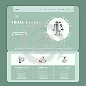 Hi-tech toys flat landing page website template. Exoskeleton suit, prosthetics, holographic. Web banner with header