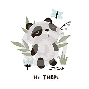 hi there. cartoon panda, hand drawing lettering, decorative elements. flat style, colorful vector for kids.