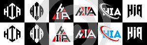 HIA letter logo design in six style. HIA polygon, circle, triangle, hexagon, flat and simple style with black and white color