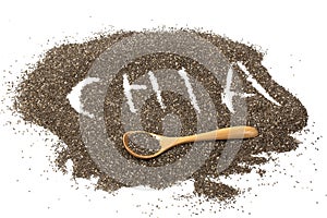 Ð¡hia word made from chia seeds on white background