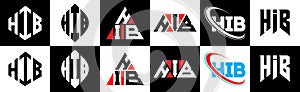 HIB letter logo design in six style. HIB polygon, circle, triangle, hexagon, flat and simple style with black and white color photo