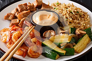 Hibachi dish consisting of fried rice with egg, shrimp, steak and vegetables served with sauce closeup in a plate. horizontal