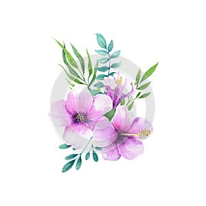 Hand drawn watercolor tropical flowers and leaves photo