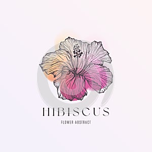 Hibiscus blurry vector y2k aura shape with hand drawn flower and typography. Trendy distressed brutalism effect logo