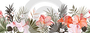 Hibiscus botanic seamless horisontal border banner,  exotic flowers and leaves, vector hand drawn background. Floral realistic