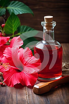 Hibiscus essential oil in a bottle. Generative AI,