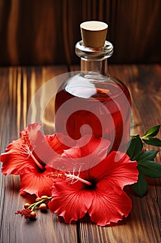 Hibiscus essential oil in a bottle. Generative AI,