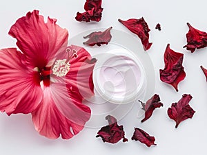 hibiscus facial mask. Karkade DIY beauty treatment and spa recipe. Top view