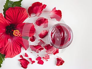 hibiscus facial mask. Karkade DIY beauty treatment and spa recipe. Top view