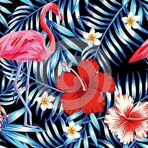 Hibiscus flamingo plumeria palm leaves blue pattern