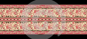 Hibiscus flower border with traditional Asian design elements. seamless tribal floral border design. Vintage vector floral border