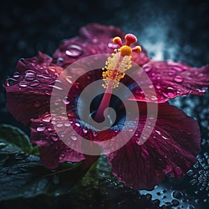 Hibiscus flower head with water drops, created with generative AI