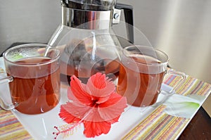 Hibiscus flower's tea. Refreshing tart, cranberry like flavour. Antioxidant good for overall health.