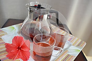 Hibiscus flower's tea. Refreshing tart, cranberry like flavour. Antioxidant good for overall health.