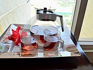 Hibiscus flower's tea. Refreshing tart, cranberry like flavour. Antioxidant good for overall health.
