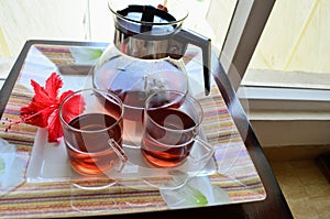 Hibiscus flower's tea. Refreshing tart, cranberry like flavour. Antioxidant good for overall health.