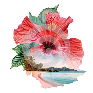 Hibiscus flower and tropical coastal beach landscape. Double exposure. Symbol of tropical island, Hawaii, vacation, travel concept