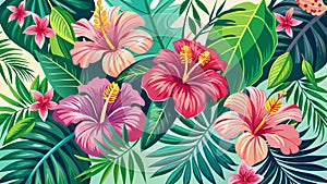 hibiscus flowers and palm leaves.
