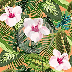 Hibiscus flowers and tropical plants seamless pattern. Summer bright exotic background.