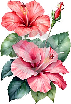A Hibiscus flowers watercolor painting. AI-Generated.