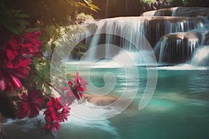 Hibiscus flowers and waterfall in tropical forest. Nature background