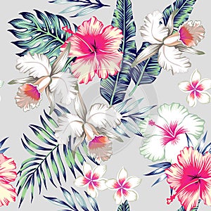 Hibiscus and orchids tropical seamless background