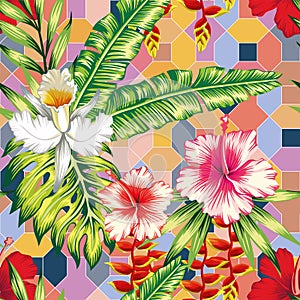 Hibiscus palm leaves orchid positive energy color seamless geometrical background