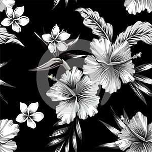 Hibiscus and palm leaves tropical seamless background