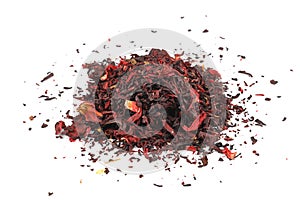 Hibiscus, a pile of red dried Hibiscus tea leaves. Karkade tea. On white background. View from above