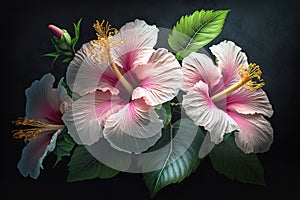 Hibiscus pink flower banner over dark background.