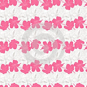 Hibiscus pink flower silhouette and line art seamless pattern for textile, fabric, wallpaper or scrapbook paper. Hand