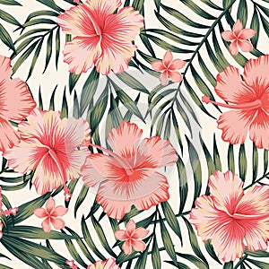 Hibiscus pink palm leaves dark green pattern